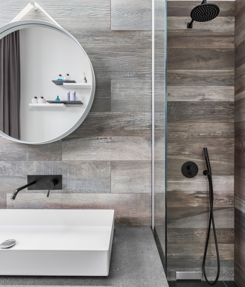 Bathroom sink with shower.