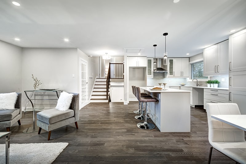 Basement kitchen and living room with wood laminate flooring.